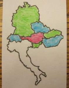 The region of Europe directly surrounding Austria (red) is a real-world example of why it's the 4-color theorem and not the 3-color theorem. Italy can't be colored red, blue, or green without causing problems.