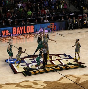 The opening tip of the 2012 NCAA women's basketball championship game, played April 3, 2012. My Baylor Lady Bears, led by #42 Brittney Griner and #0 Odyssey Sims, defeated Notre Dame 80-61. Image: flickr user Han Shot First.