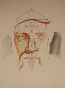 A drawing by Joseph Koch incorporates the Lute of Pythagoras into a portrait of Pythagoras himself. Image copyright Joseph Koch. Used with permission.
